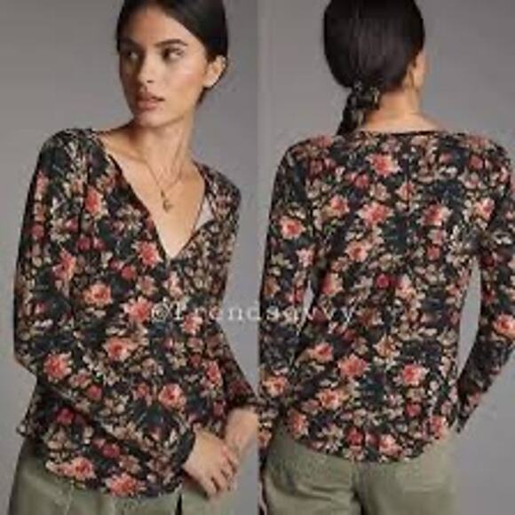 Pilcro Floral Print Waffle Knit Top Long Sleeve V Neck Casual Shirt Size XS‎ - Picture 1 of 16